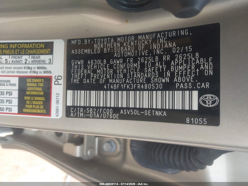 2015 Toyota Camry Le VIN: 4T4BF1FK3FR480530 Lot: 45630114