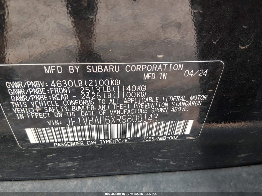 2024 Subaru Wrx Premium VIN: JF1VBAH6XR9808143 Lot: 45630116