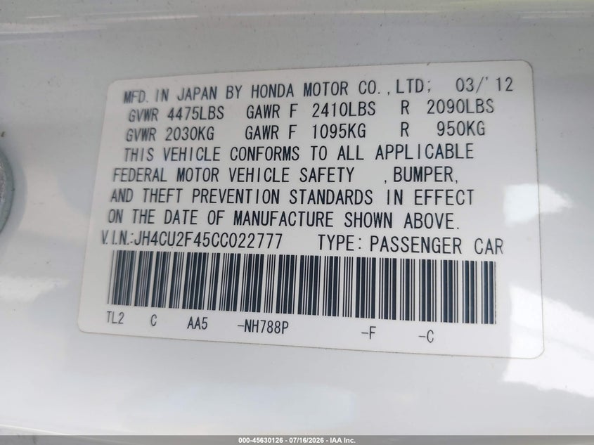 2012 Acura Tsx 2.4 VIN: JH4CU2F45CC022777 Lot: 45630126