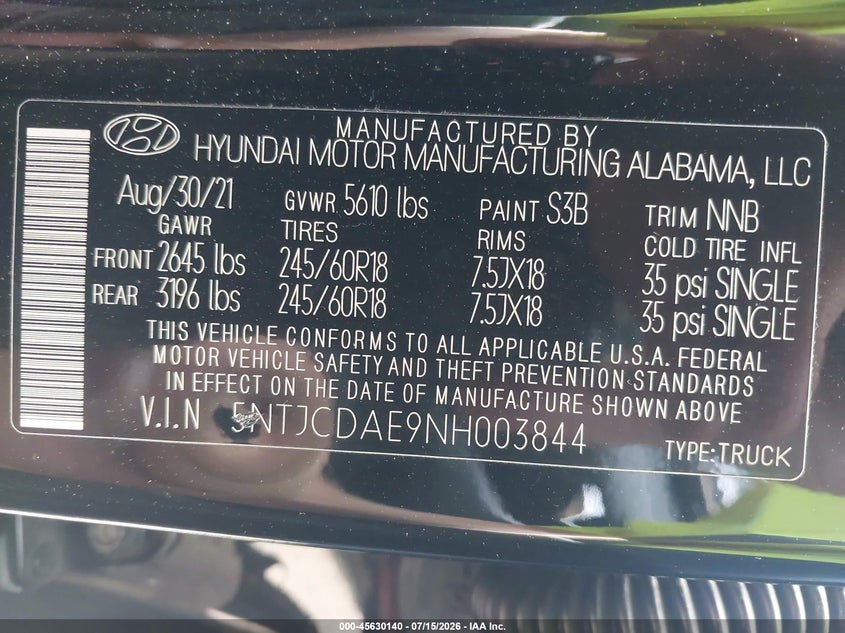 2022 Hyundai Santa Cruz Sel VIN: 5NTJCDAE9NH003844 Lot: 45630140