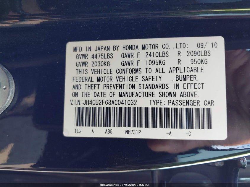 2010 Acura Tsx 2.4 VIN: JH4CU2F68AC041032 Lot: 45630180