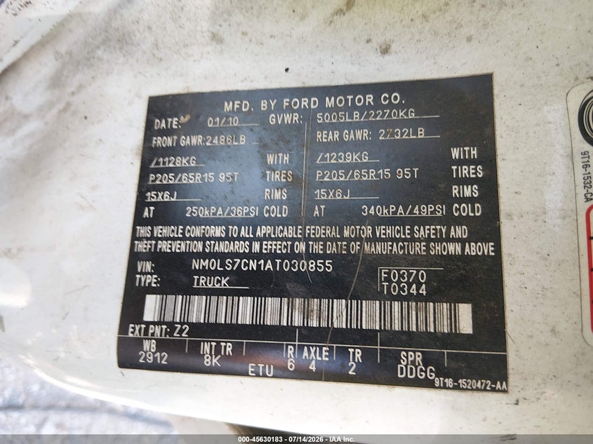 2010 Ford Transit Connect Xl VIN: NM0LS7CN1AT030855 Lot: 45630183