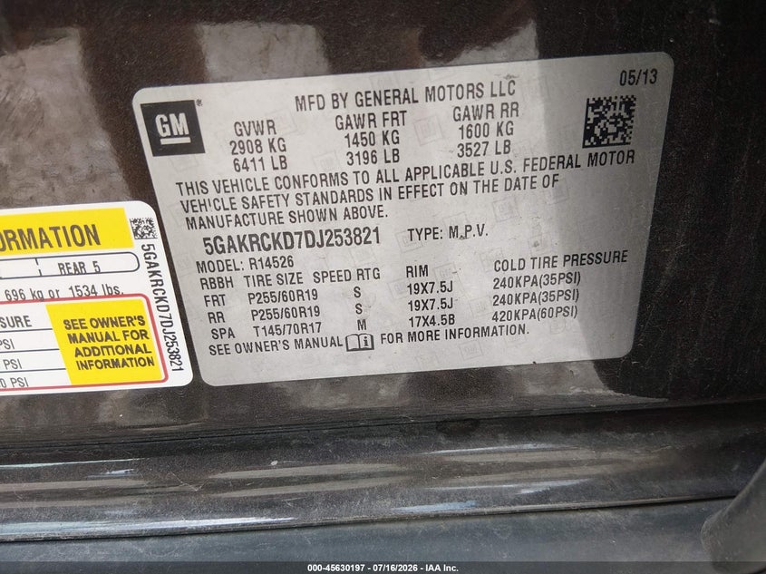 2013 Buick Enclave Leather VIN: 5GAKRCKD7DJ253821 Lot: 45630197