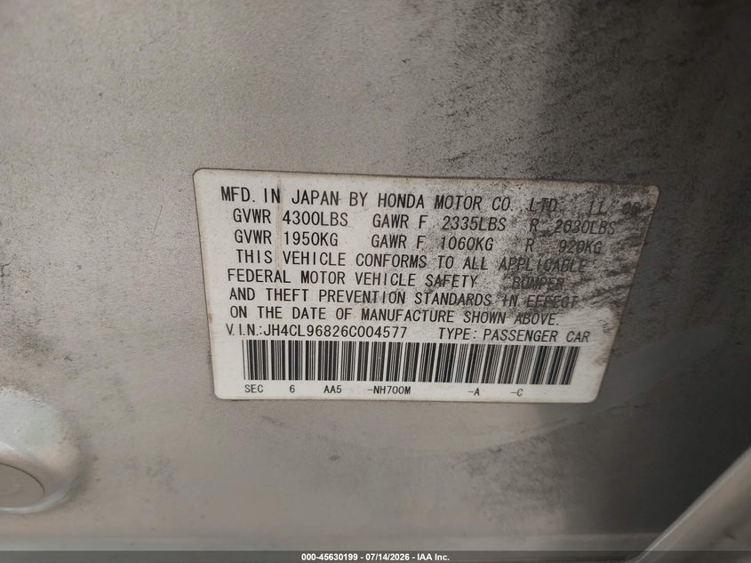 2006 Acura Tsx VIN: JH4CL96826C004577 Lot: 45630199