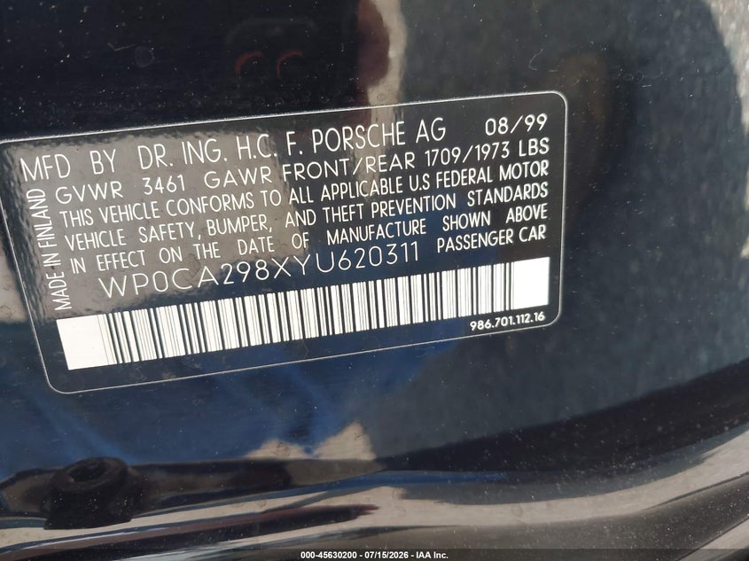 2000 Porsche Boxster VIN: WP0CA298XYU620311 Lot: 45630200