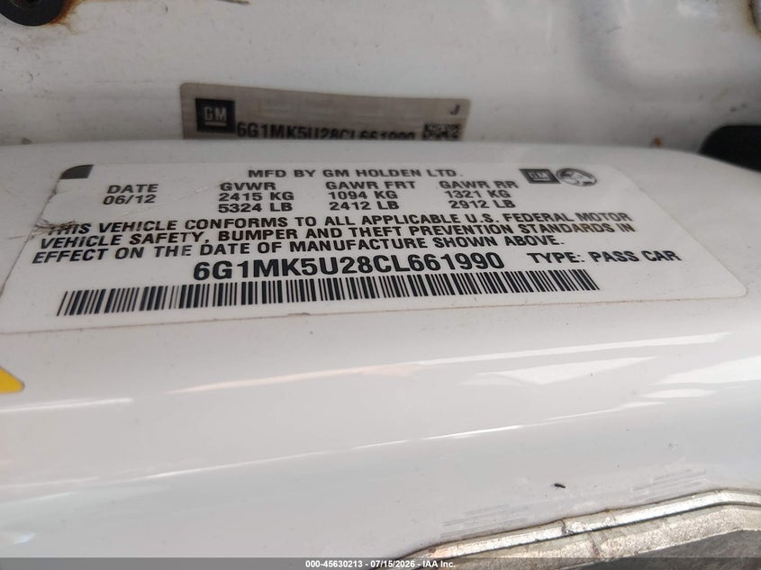2012 Chevrolet Caprice Police VIN: 6G1MK5U28CL661990 Lot: 45630213
