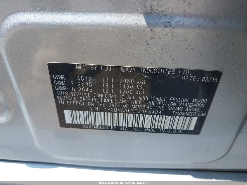 2015 Subaru Legacy 2.5I VIN: 4S3BNAA6XF3055484 Lot: 45630223