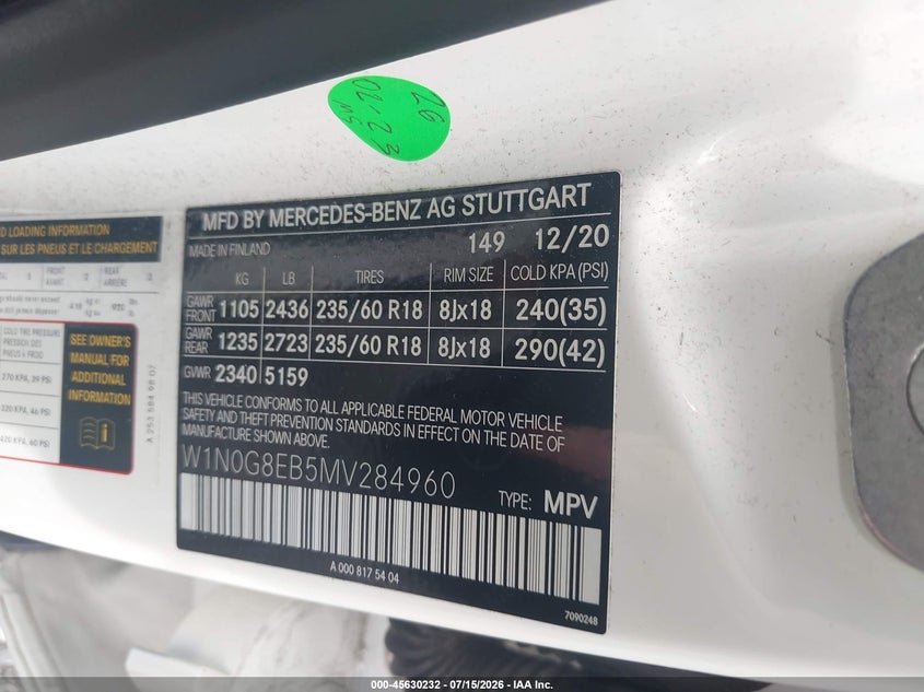 2021 Mercedes-Benz Glc 300 4Matic Suv VIN: W1N0G8EB5MV284960 Lot: 45630232