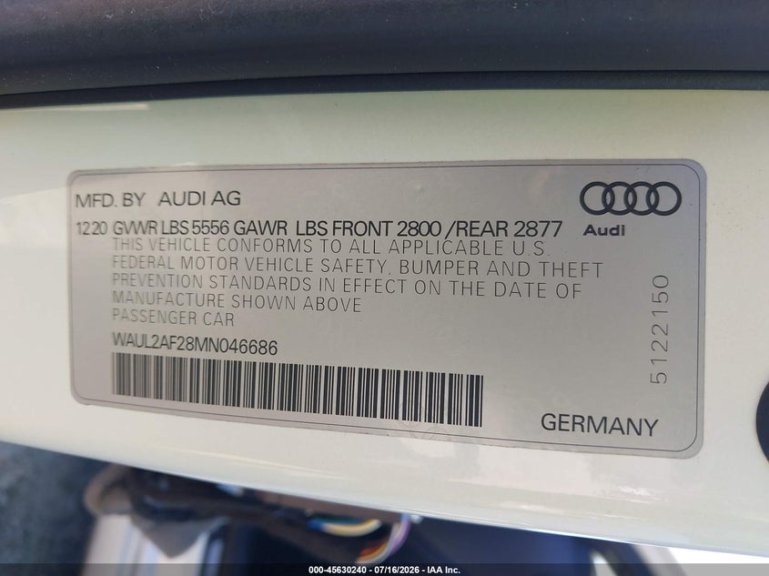 2021 Audi A6 Premium Plus 55 Tfsi Quattro S Tronic VIN: WAUL2AF28MN046686 Lot: 45630240