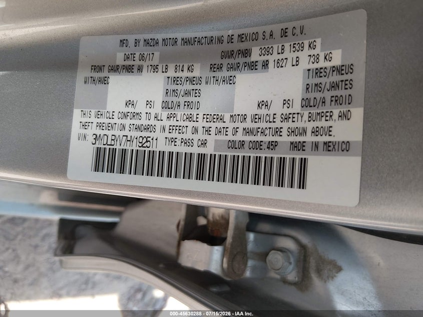 2017 Toyota Yaris Ia VIN: 3MYDLBYV7HY192511 Lot: 45630288