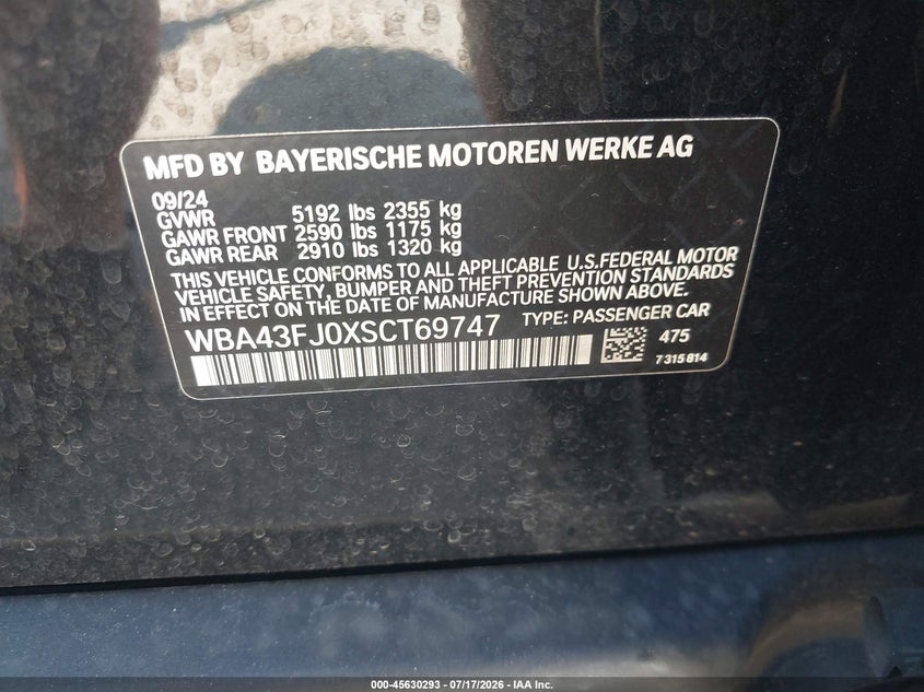 2025 BMW 530I VIN: WBA43FJ0XSCT69747 Lot: 45630293