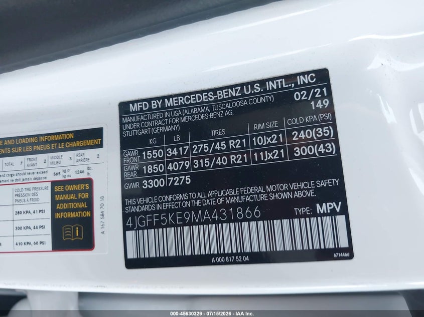 2021 Mercedes-Benz Gls 450 4Matic VIN: 4JGFF5KE9MA431866 Lot: 45630329