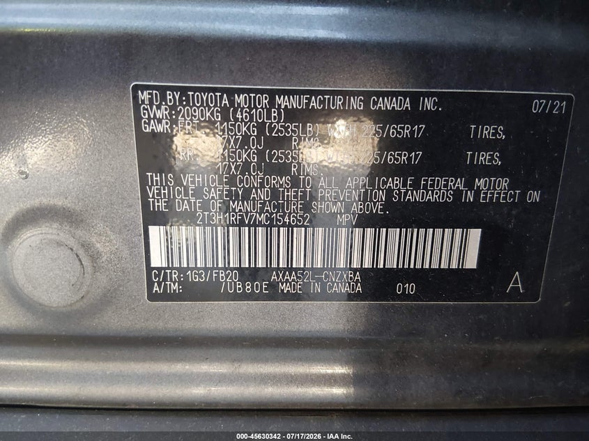 2021 TOYOTA RAV 4 SPORT UTILITY VEHICLE 2.5L I-4 DI, DOHC, VVT, 203HP