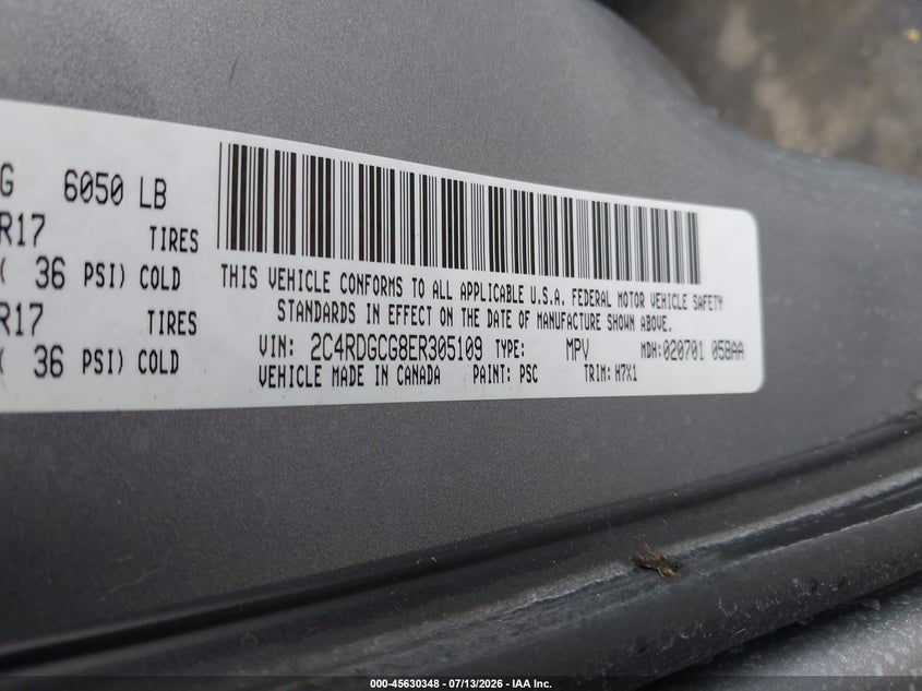 2014 Dodge Grand Caravan Sxt VIN: 2C4RDGCG8ER305109 Lot: 45630348