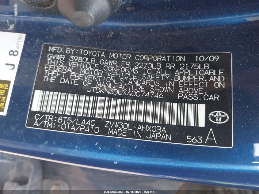 2010 Toyota Prius Iv VIN: JTDKN3DUXA0074746 Lot: 45630358