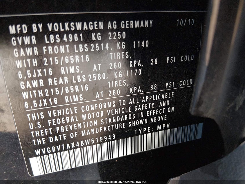 2011 Volkswagen Tiguan S VIN: WVGBV7AX4BW519949 Lot: 45630398