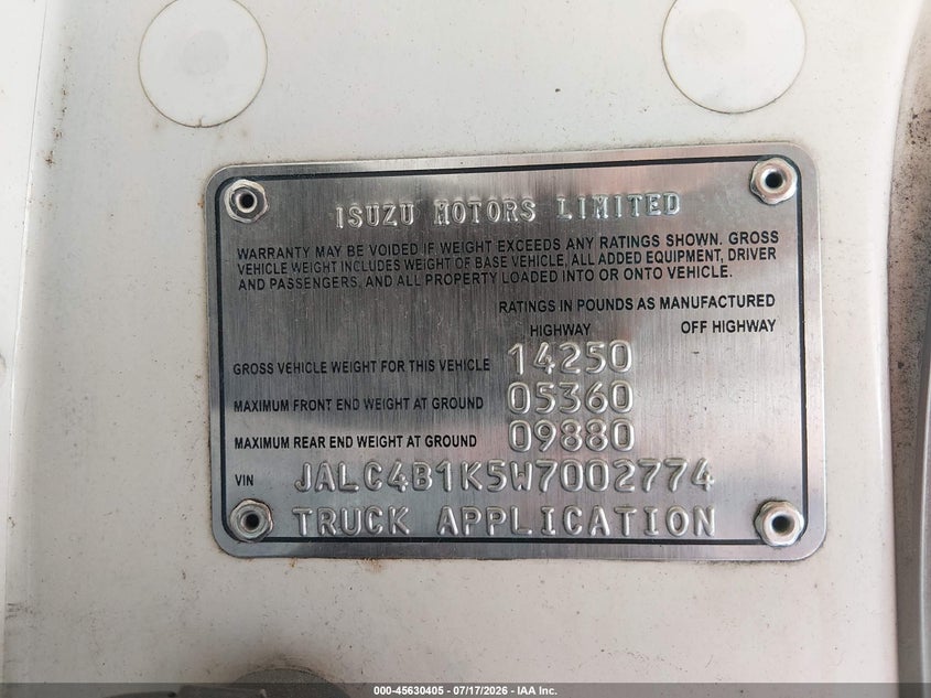 1998 Isuzu Npr VIN: JALC4B1K5W7002774 Lot: 45630405