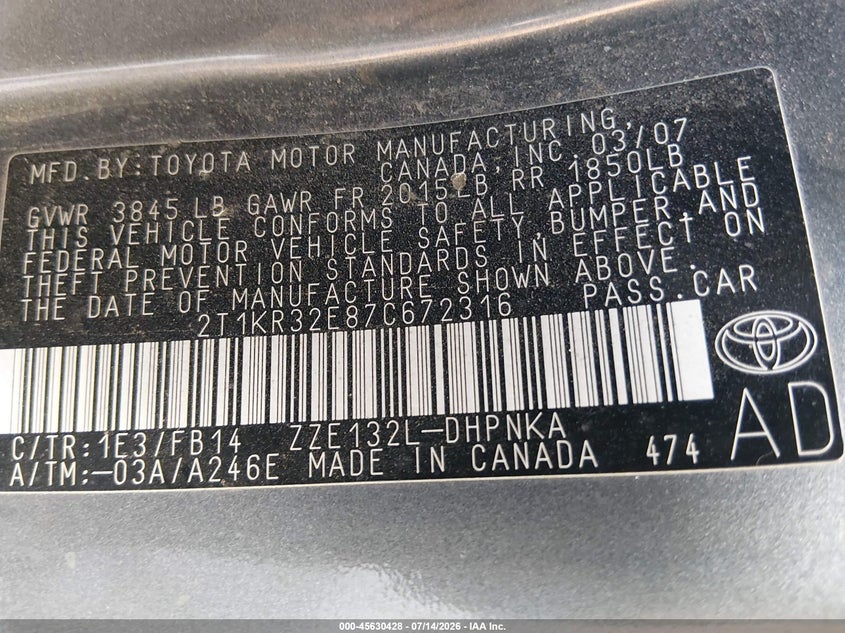 2007 Toyota Matrix Xr VIN: 2T1KR32E87C672316 Lot: 45630428