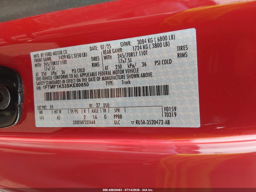 2025 Ford F-150 Xl VIN: 1FTMF1K53SKE80850 Lot: 45630463