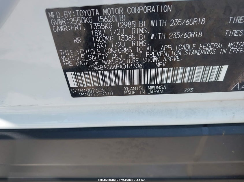 2023 Toyota Bz4X Xle VIN: JTMABACA6PA018306 Lot: 45630469