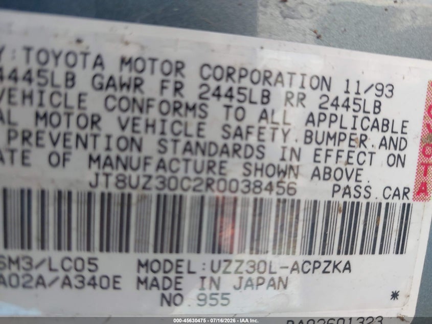 1994 Lexus Sc 400 VIN: JT8UZ30C2R0038456 Lot: 45630475