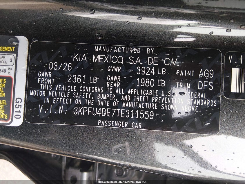2026 Kia K4 Ex VIN: 3KPFU4DE7TE311559 Lot: 45630493
