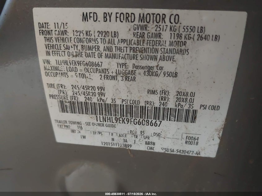 2015 Lincoln Mks VIN: 1LNHL9EK9FG608667 Lot: 45630511