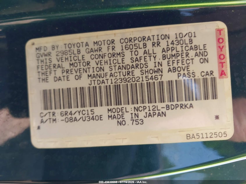 2002 Toyota Echo VIN: JTDAT123920215467 Lot: 45630555