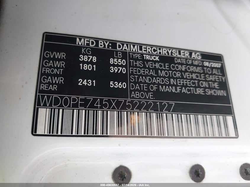 2007 Dodge Sprinter Van 2500 VIN: WD0PE745X75222127 Lot: 45630557