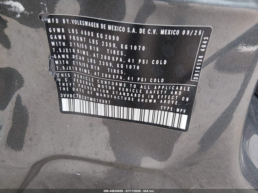 2026 Volkswagen Taos S VIN: 3VV8C7B29TM010997 Lot: 45630559