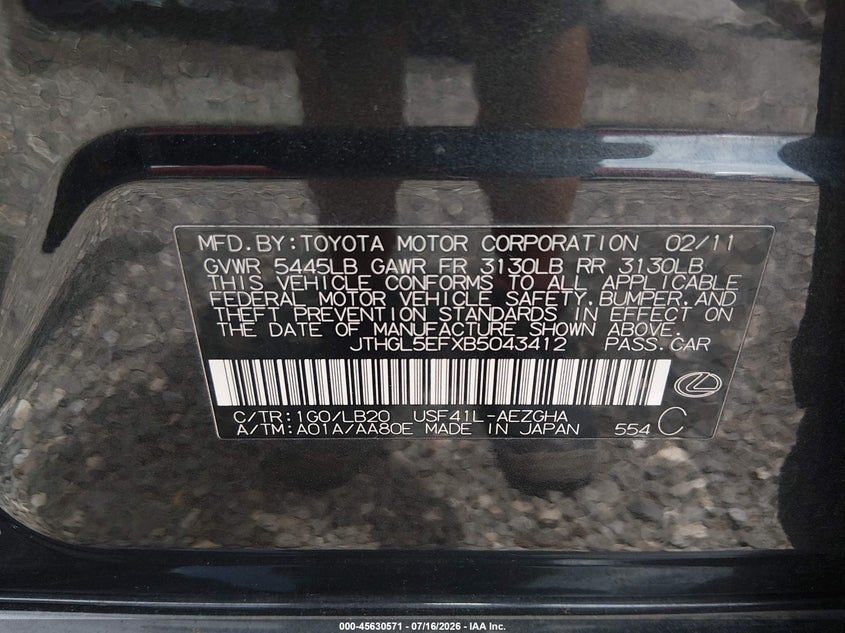 2011 Lexus Ls 460 L VIN: JTHGL5EFXB5043412 Lot: 45630571
