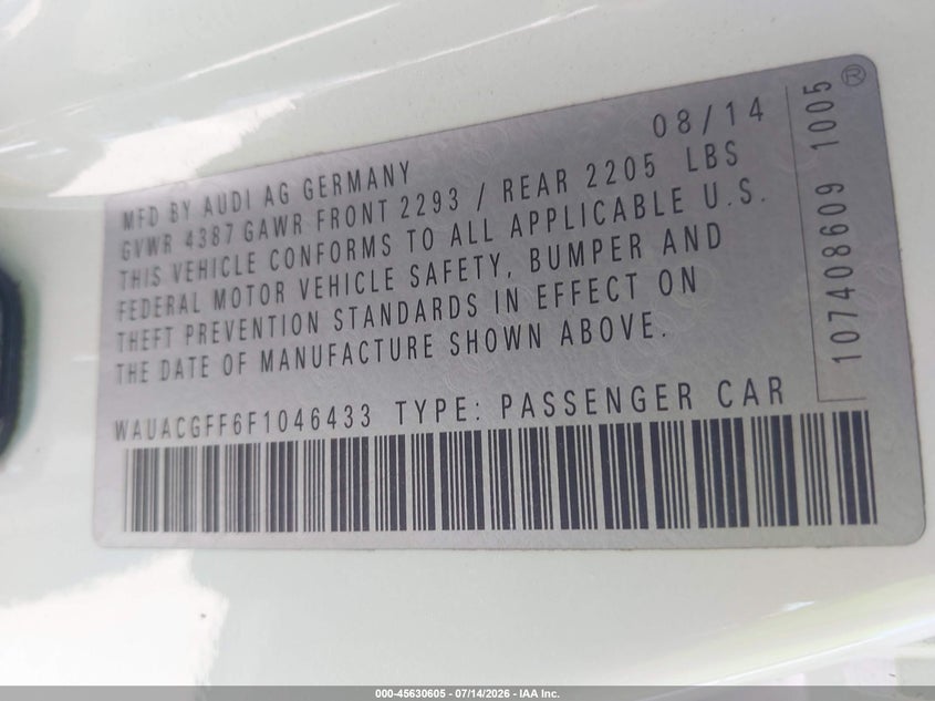 2015 Audi A3 1.8T Premium VIN: WAUACGFF6F1046433 Lot: 45630605
