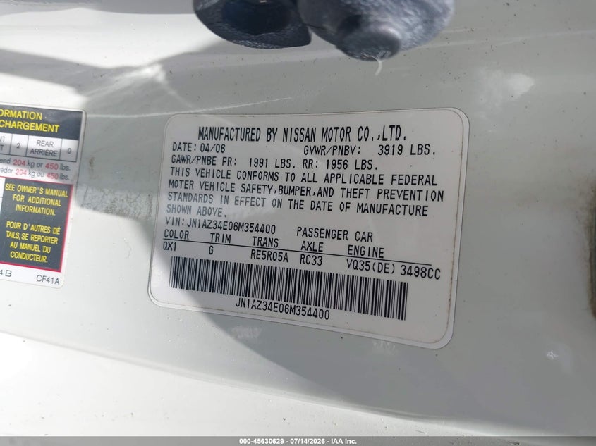 2006 Nissan 350Z Grand Touring VIN: JN1AZ34E06M354400 Lot: 45630629