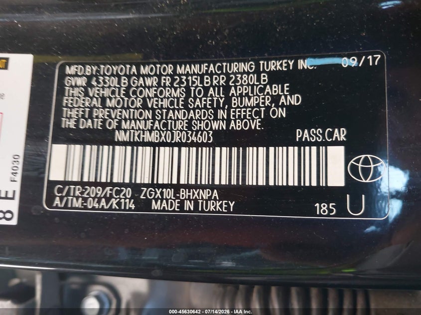 2018 Toyota C-Hr Xle Premium VIN: NMTKHMBX0JR034603 Lot: 45630642