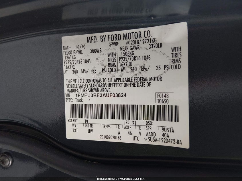 2010 Ford Explorer Sport Trac Xlt VIN: 1FMEU3BE3AUF03824 Lot: 45630656