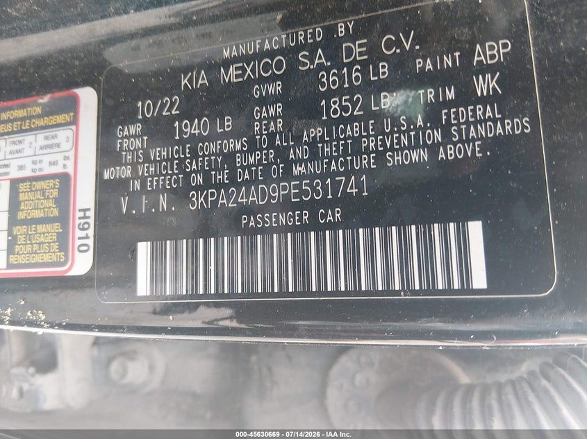 2023 Kia Rio S VIN: 3KPA24AD9PE531741 Lot: 45630669