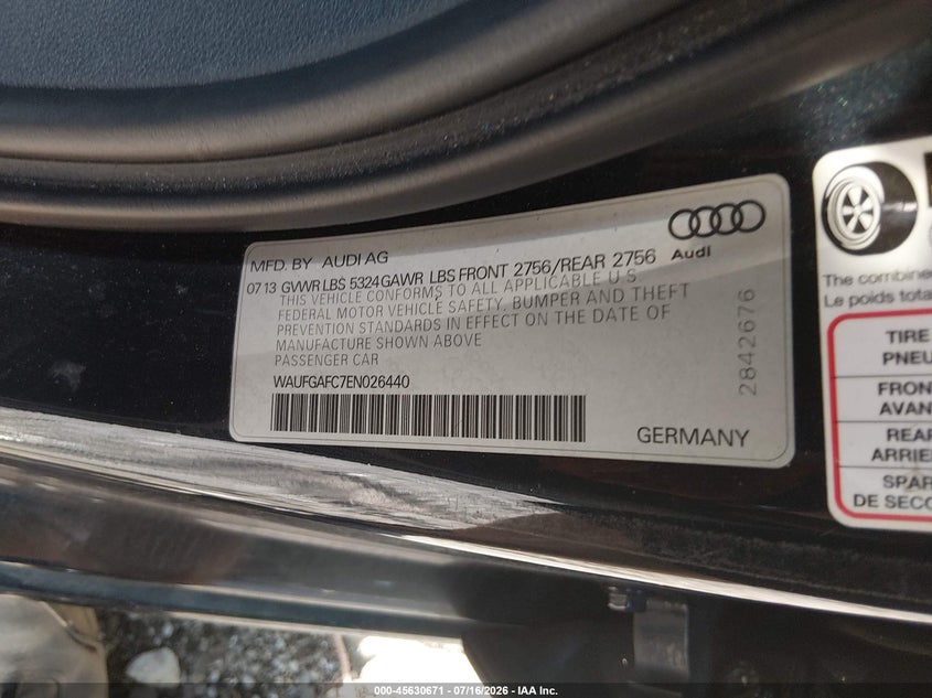2014 Audi A6 3.0T Premium Plus VIN: WAUFGAFC7EN026440 Lot: 45630671