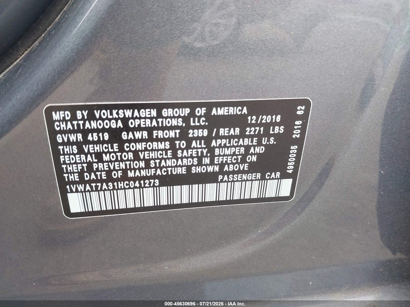 2017 Volkswagen Passat 1.8T S VIN: 1VWAT7A31HC041273 Lot: 45630696