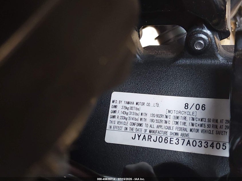 2007 Yamaha Yzfr6 S VIN: JYARJ06E37A033405 Lot: 45630714