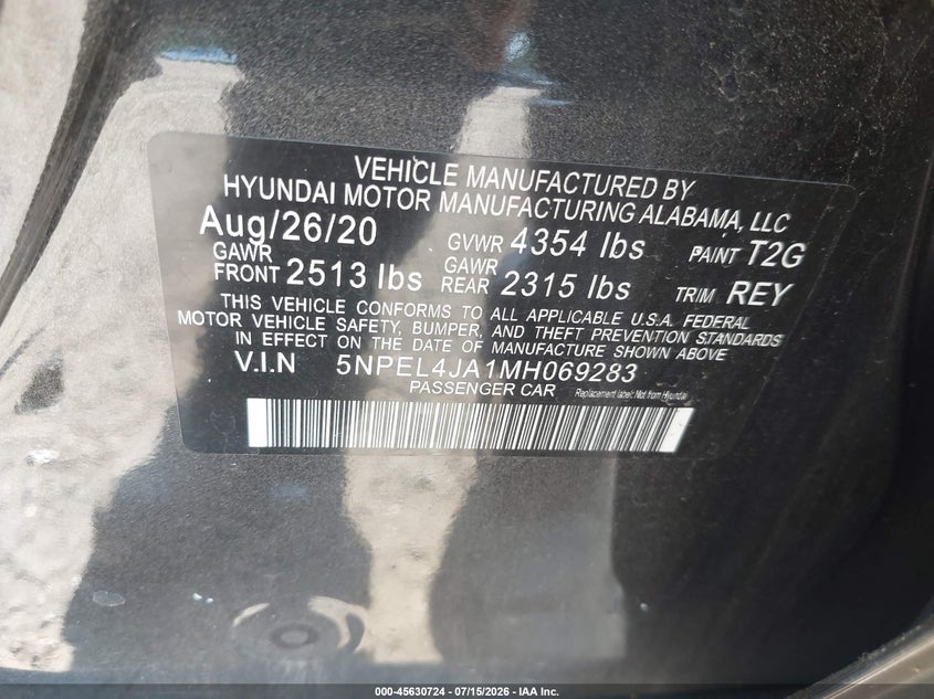 2021 Hyundai Sonata Sel VIN: 5NPEL4JA1MH069283 Lot: 45630724