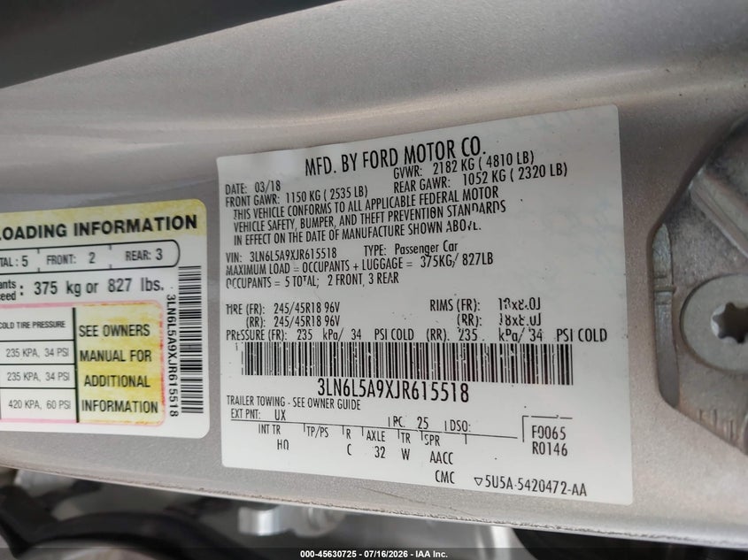 2018 Lincoln Mkz Premiere VIN: 3LN6L5A9XJR615518 Lot: 45630725