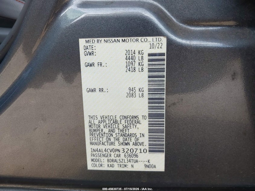 2023 Nissan Altima Sr Vc-Turbo Fwd VIN: 1N4AL4CV0PN320710 Lot: 45630735