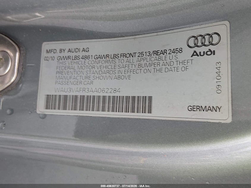2010 Audi S5 4.2 Premium Plus VIN: WAU3VAFR3AA062284 Lot: 45630737