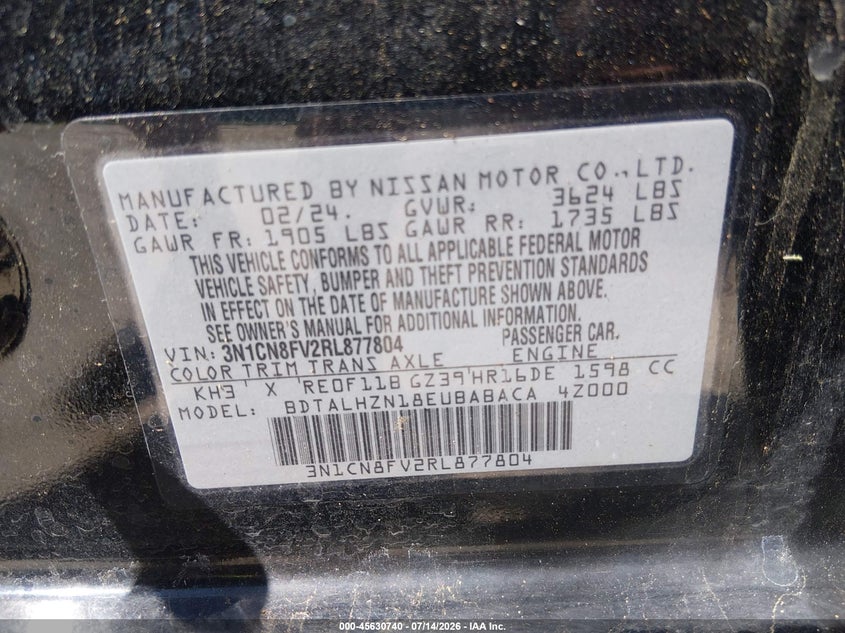 2024 Nissan Versa 1.6 Sr VIN: 3N1CN8FV2RL877804 Lot: 45630740