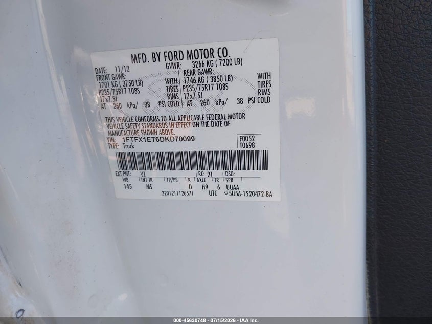 2013 Ford F-150 Xlt VIN: 1FTFX1ET6DKD70099 Lot: 45630748