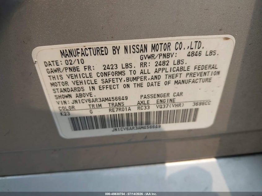2010 Infiniti G37X VIN: JN1CV6AR3AM456649 Lot: 45630754
