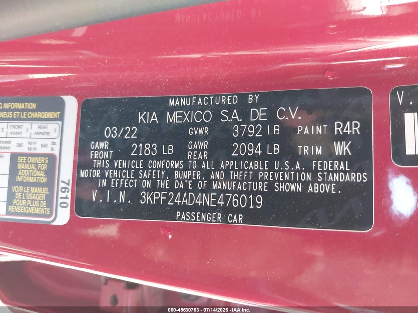 2022 Kia Forte Lxs VIN: 3KPF24AD4NE476019 Lot: 45630763