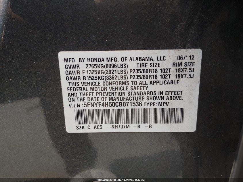 2012 Honda Pilot Ex-L VIN: 5FNYF4H50CB071536 Lot: 45630780