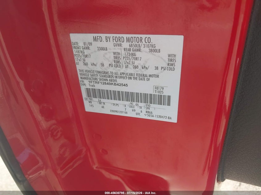 2009 Ford F-150 Xl/Xl W/Midbox Prep/Xlt/Xlt W/Midbox Prep VIN: 1FTRF12849KB42545 Lot: 45630795