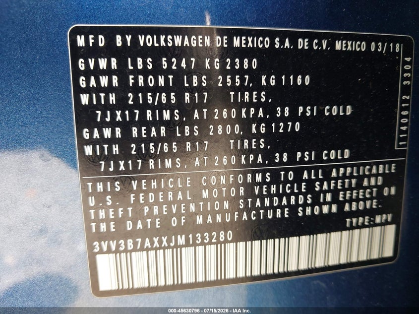 2018 Volkswagen Tiguan 2.0T Se/2.0T Sel VIN: 3VV3B7AXXJM133280 Lot: 45630796